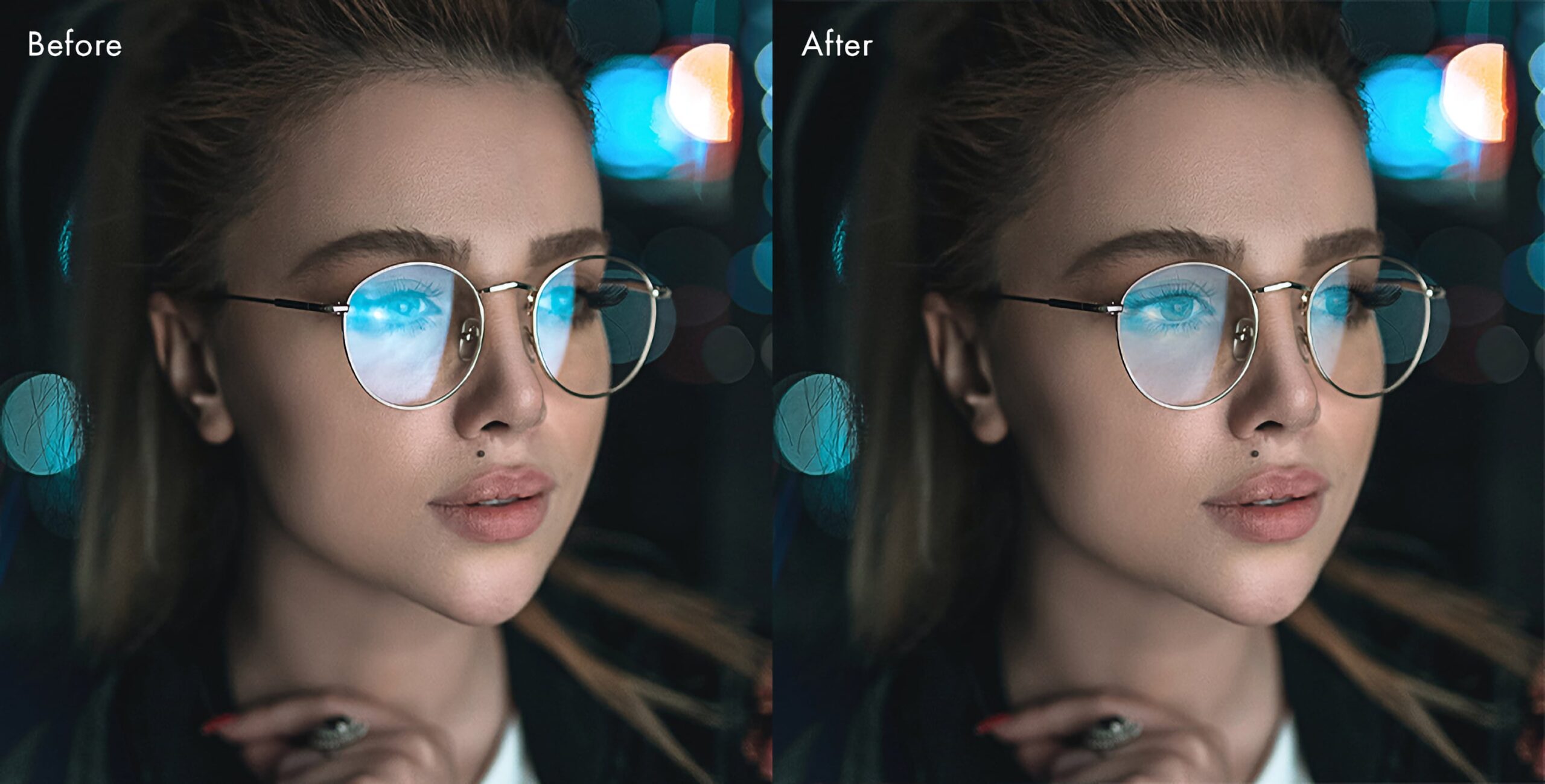 Сравнение до и после уменьшения ярких отражений в очках в PortraitPro 24