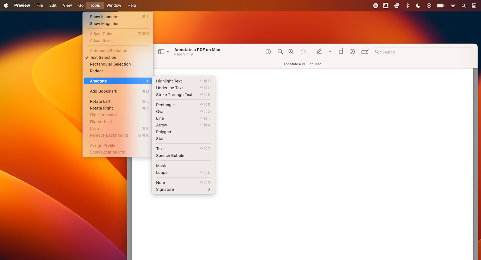 Меню Tools и подменю Annotate в Preview с инструментами разметки PDF
