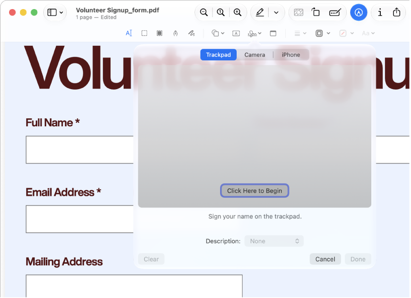 Форма PDF в Preview с окном создания подписи через трекпад