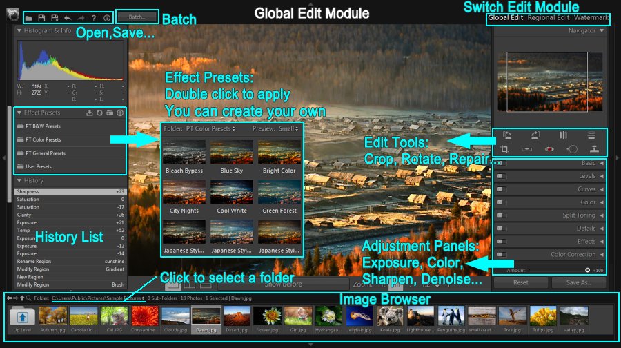 Главное окно PT Photo Editor в режиме Global Edit с панелями коррекции и лентой снимков