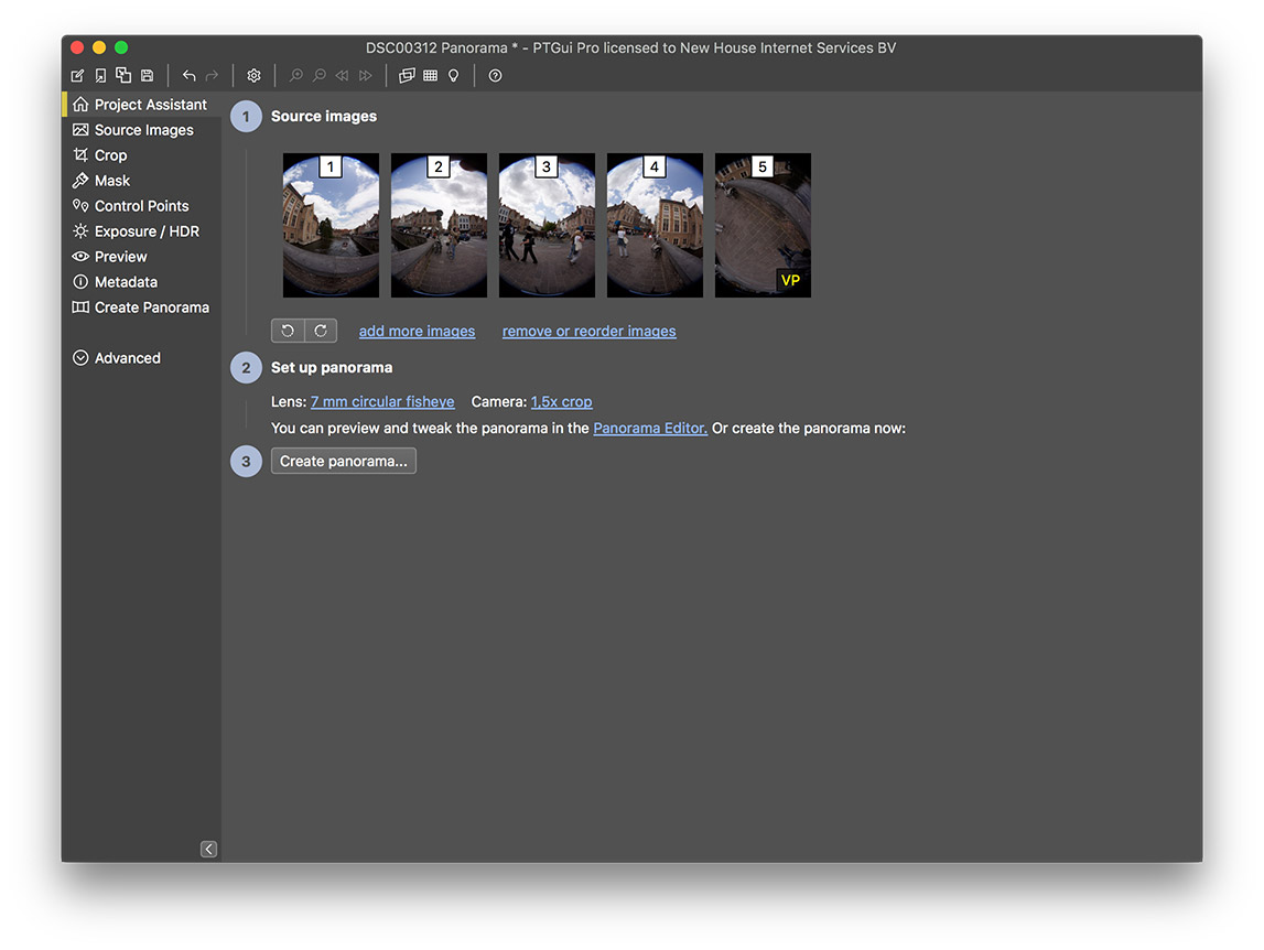 Project Assistant PTGui с загруженными fisheye-кадрами и шагами создания панорамы