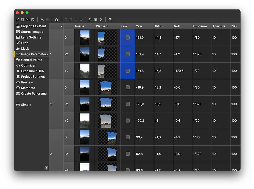 Image Parameters PTGui с группами HDR-брекетов, Link и параметрами yaw, pitch, roll