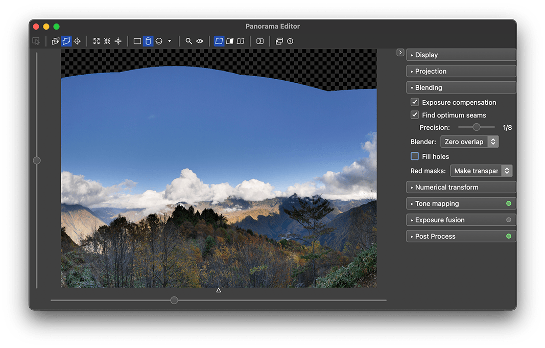 Panorama Editor PTGui 12 с панелью Blending, Find optimum seams, Zero overlap и Fill holes