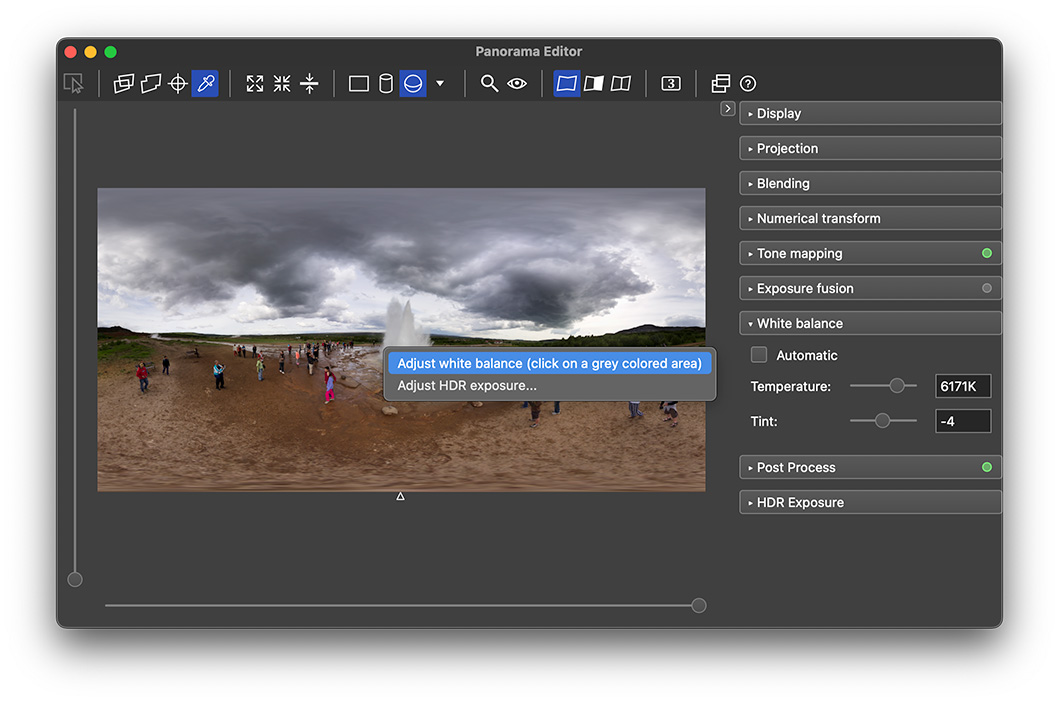 Panorama Editor PTGui 13 с пипеткой и настройками White Balance