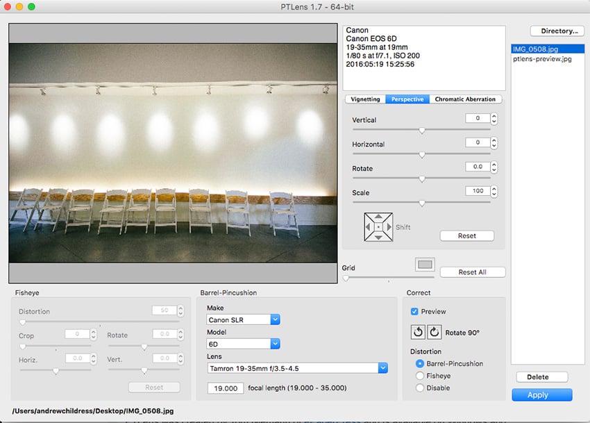 Главное окно PTLens 1.7 с превью снимка, профилем объектива и панелью Perspective