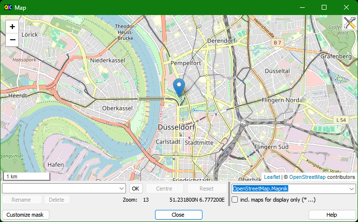 Окно Map в QuickImageComment с картой OpenStreetMap и маркером координат