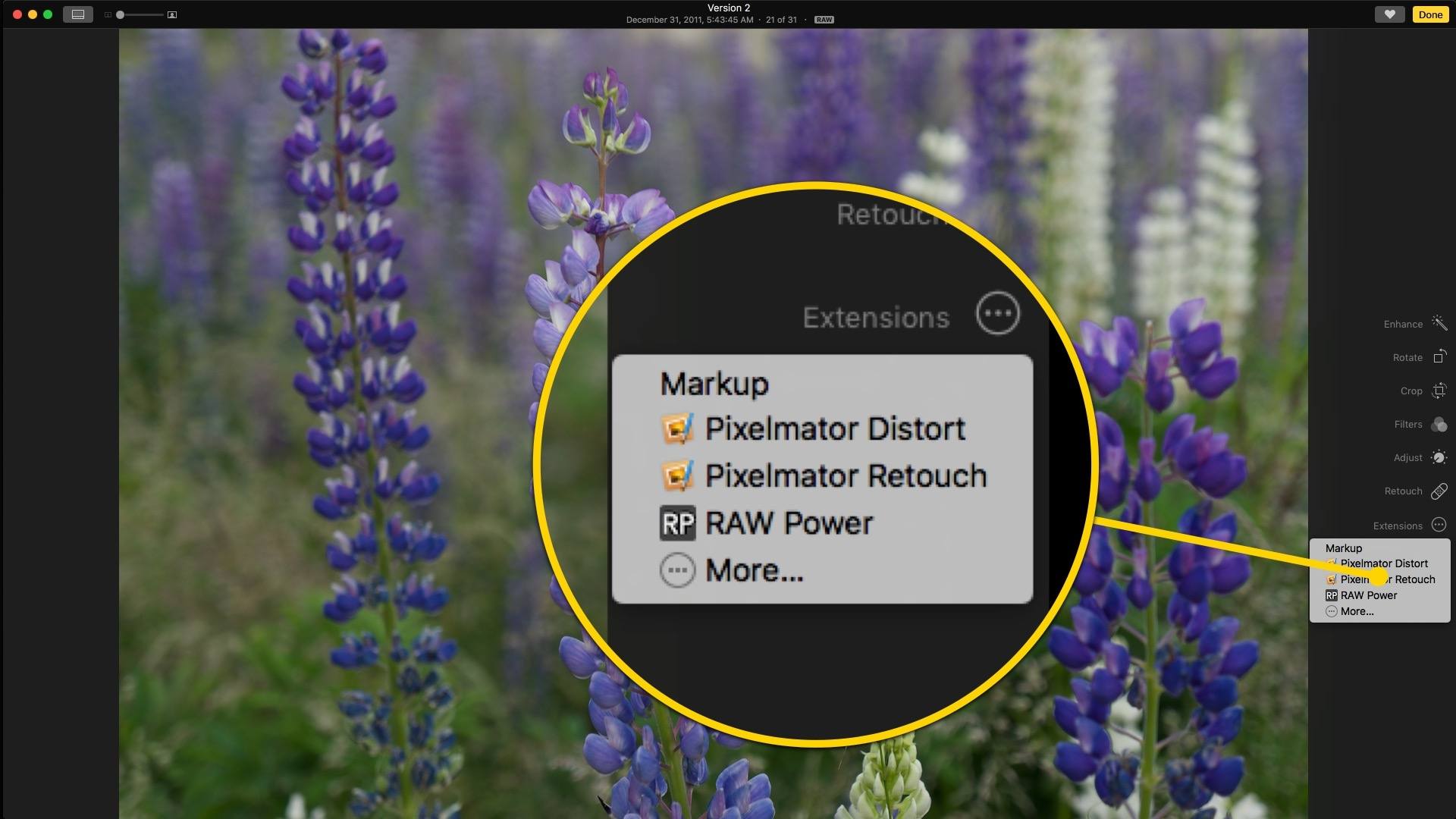 Меню расширений Apple Photos с выбранным расширением RAW Power