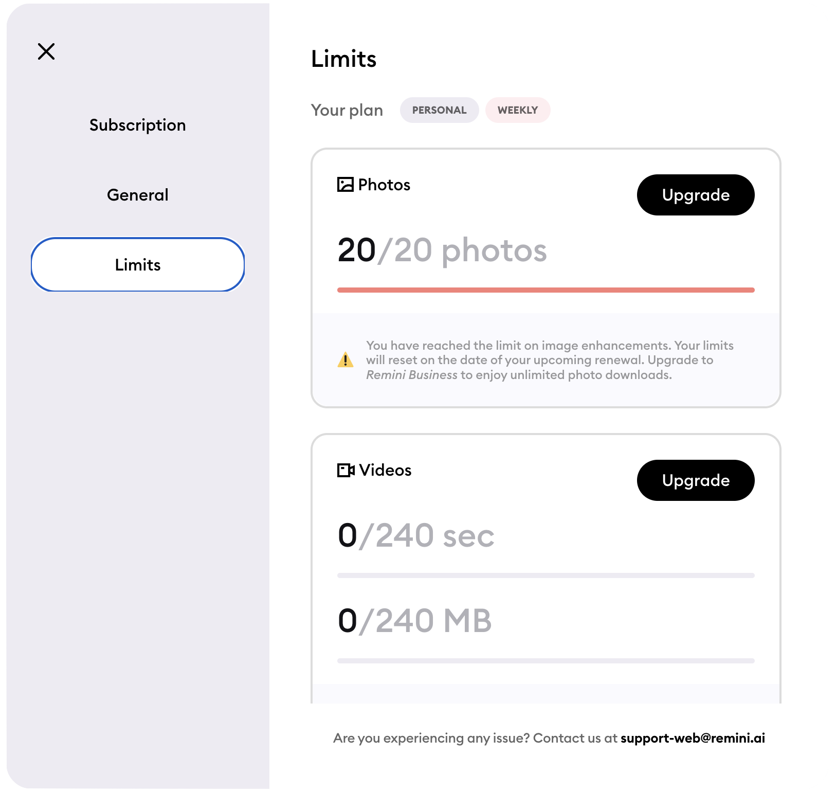 Официальный экран Limits в Remini Web с лимитами обработки фотографий и видео