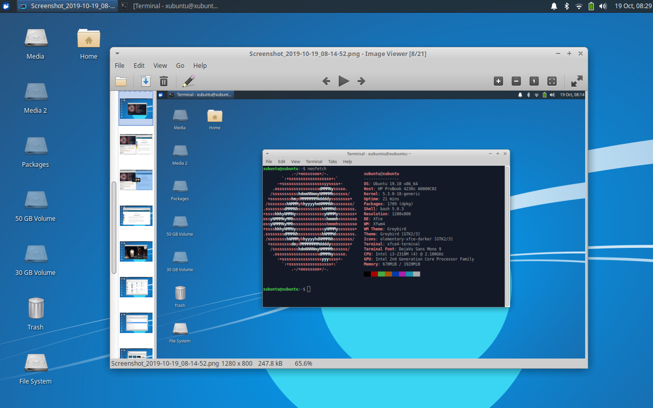 Окно Ristretto в Xubuntu с вертикальной полосой миниатюр слева и открытым изображением