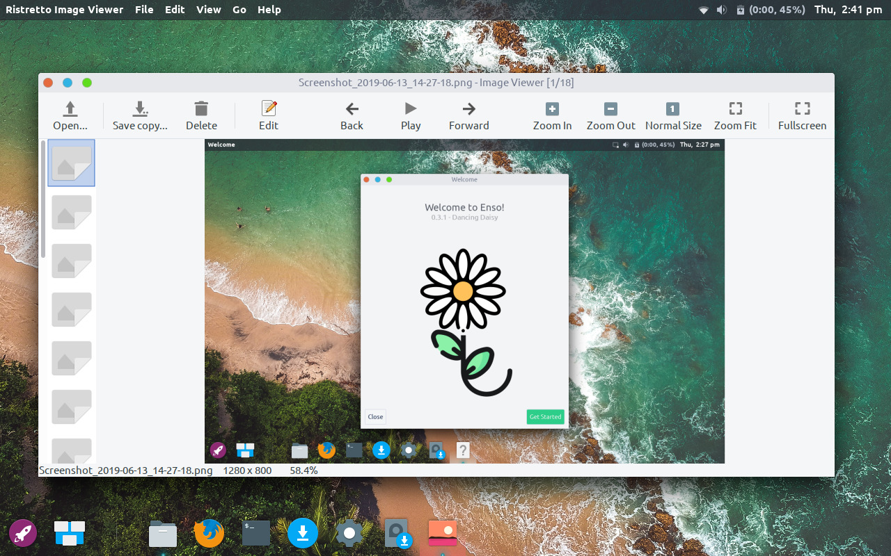 Окно Ristretto в Enso с подписанными кнопками Open, Save copy, Delete, Edit, навигацией и масштабом