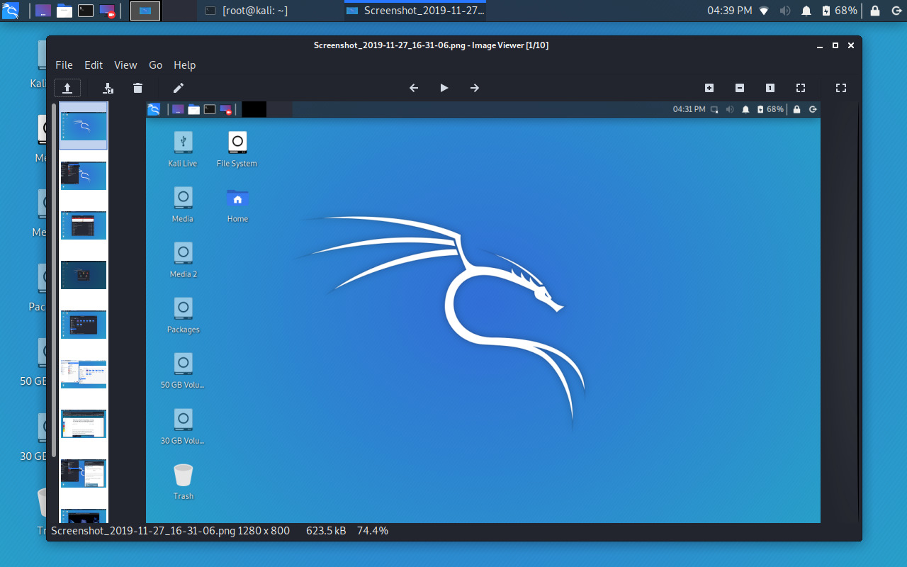Ristretto в Kali Linux с серией миниатюр слева и кнопками перехода между изображениями