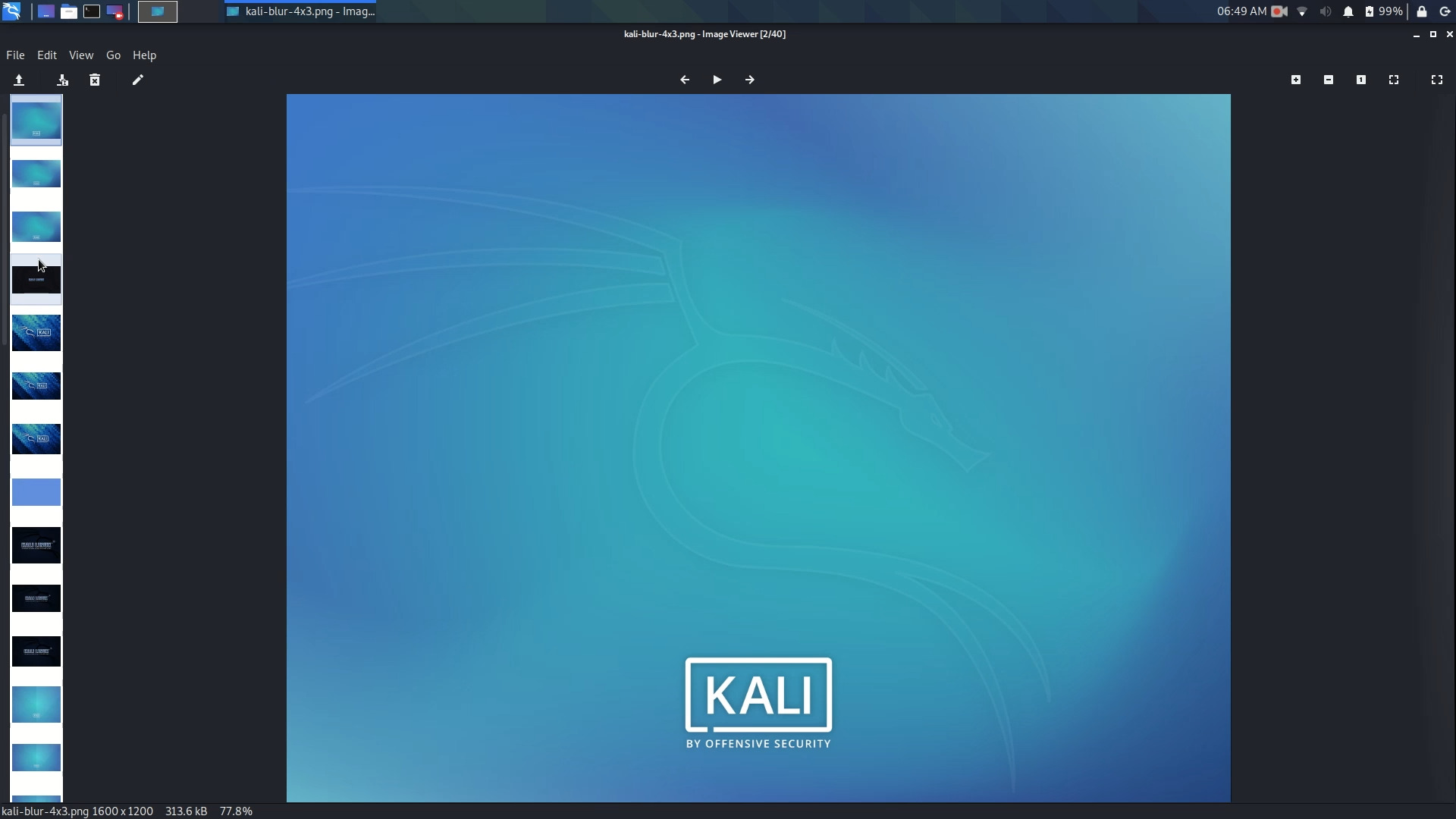 Тёмное окно Ristretto в Kali Linux с полосой миниатюр и крупным изображением по центру