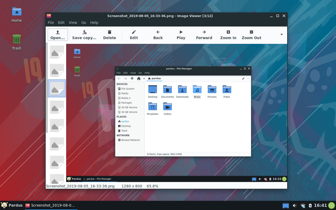 Ristretto в Pardus Xfce с крупными кнопками панели, полосой миниатюр и открытым изображением
