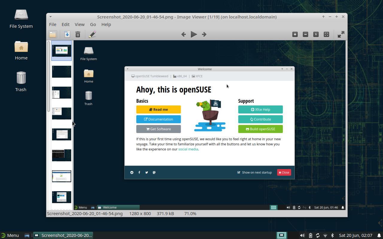 Окно Ristretto в openSUSE Xfce с миниатюрами и открытым скриншотом рабочего стола