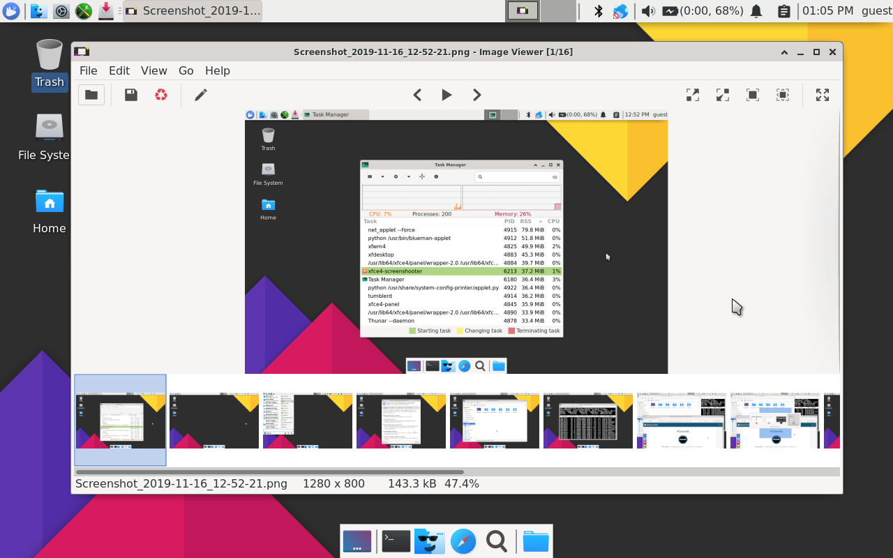 Ristretto в PCLinuxOS Xfce с горизонтальной полосой миниатюр и открытым изображением