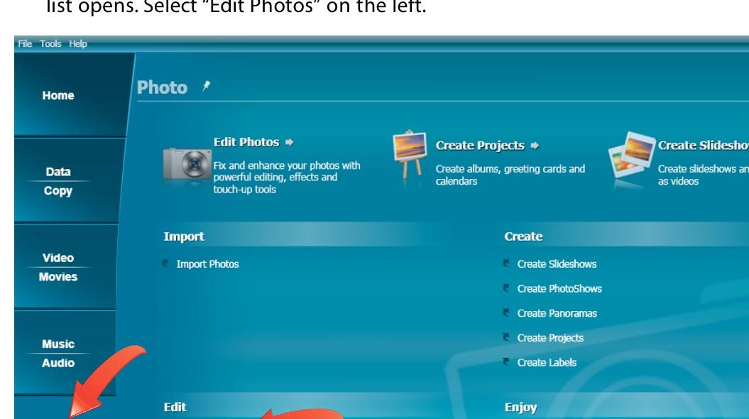 Вход в PhotoSuite из раздела Photo