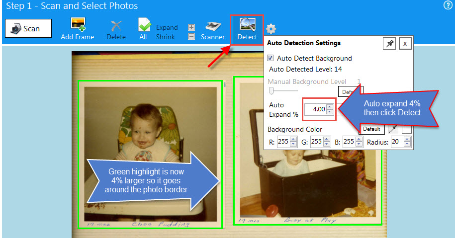 Auto Detection Settings в ScanSpeeder с Auto Expand 4% для сохранения белых рамок фотографий