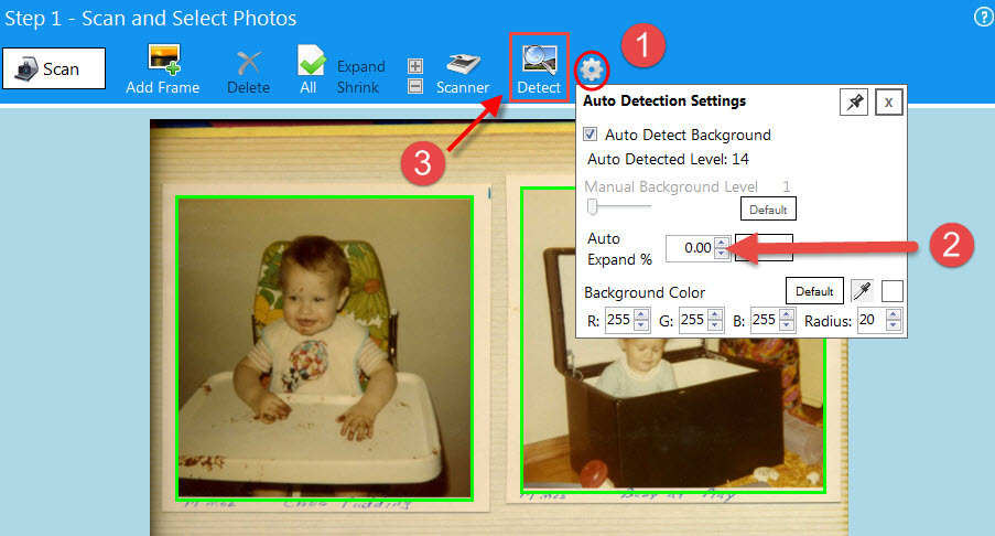 Окно Auto Detection Settings с Auto Expand 0%, параметром Background Color и кнопкой Detect