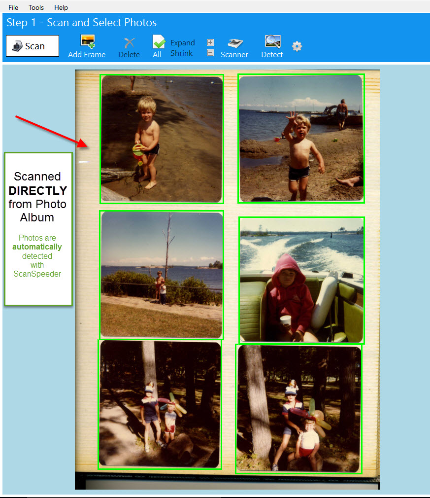 ScanSpeeder Step 1 с шестью фотографиями, автоматически найденными прямо на странице фотоальбома