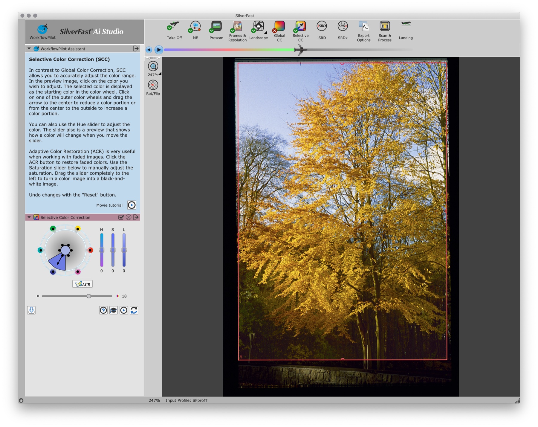 Окно SilverFast 9 с WorkflowPilot, Histogram и предпросмотром