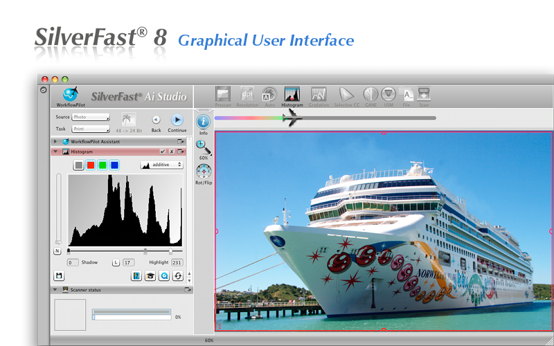 Главное окно SilverFast Ai Studio с Histogram и рамкой предпросмотра