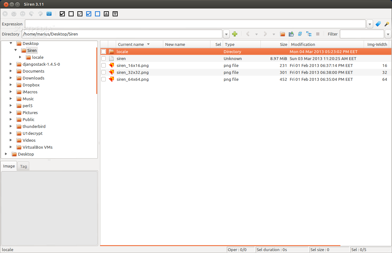 Главное окно Siren 3.11 в Linux: дерево папок, список файлов с колонками Current name и New name и панель Image/Tag
