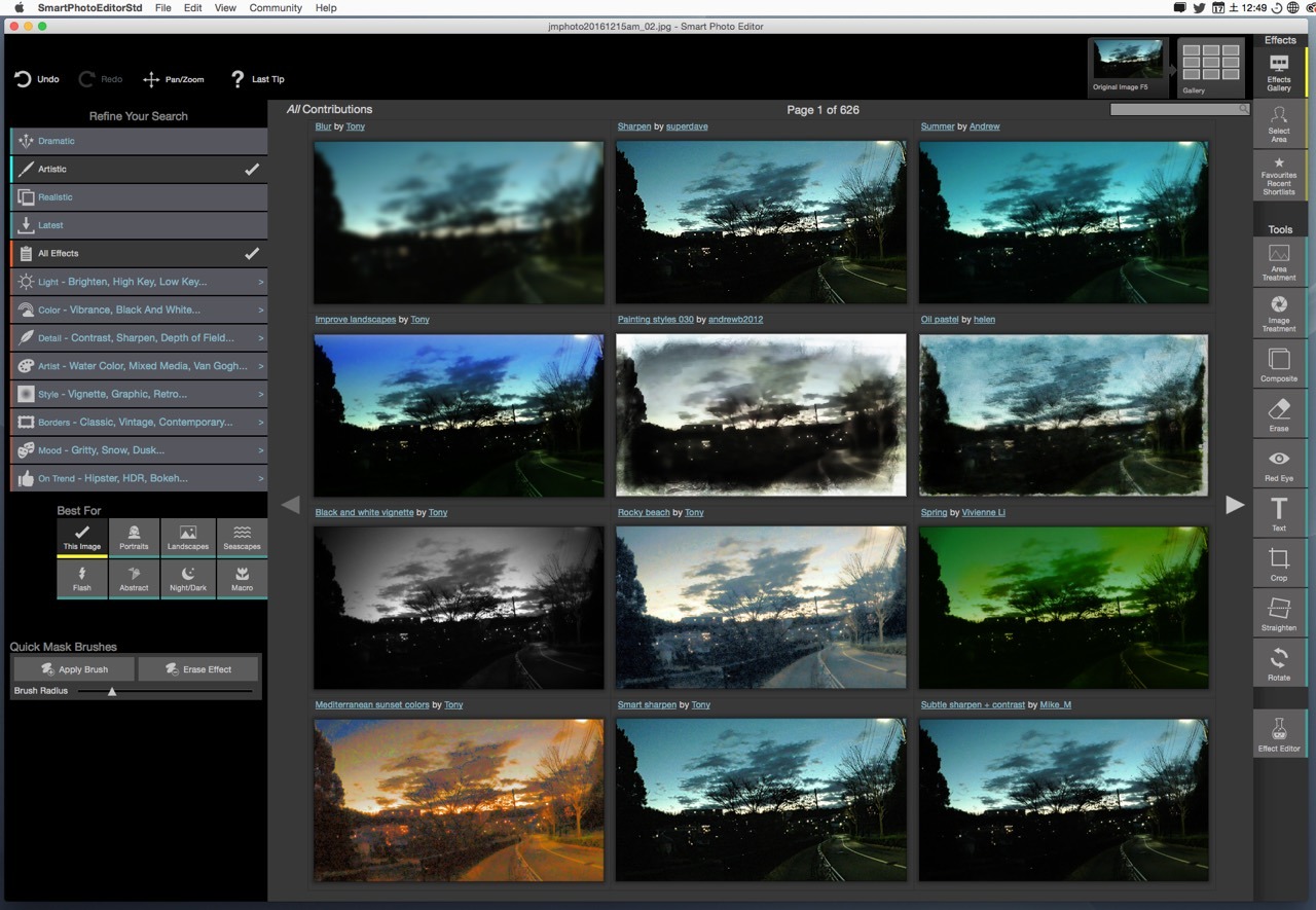 Окно Smart Photo Editor на macOS с категориями и страницей миниатюр эффектов
