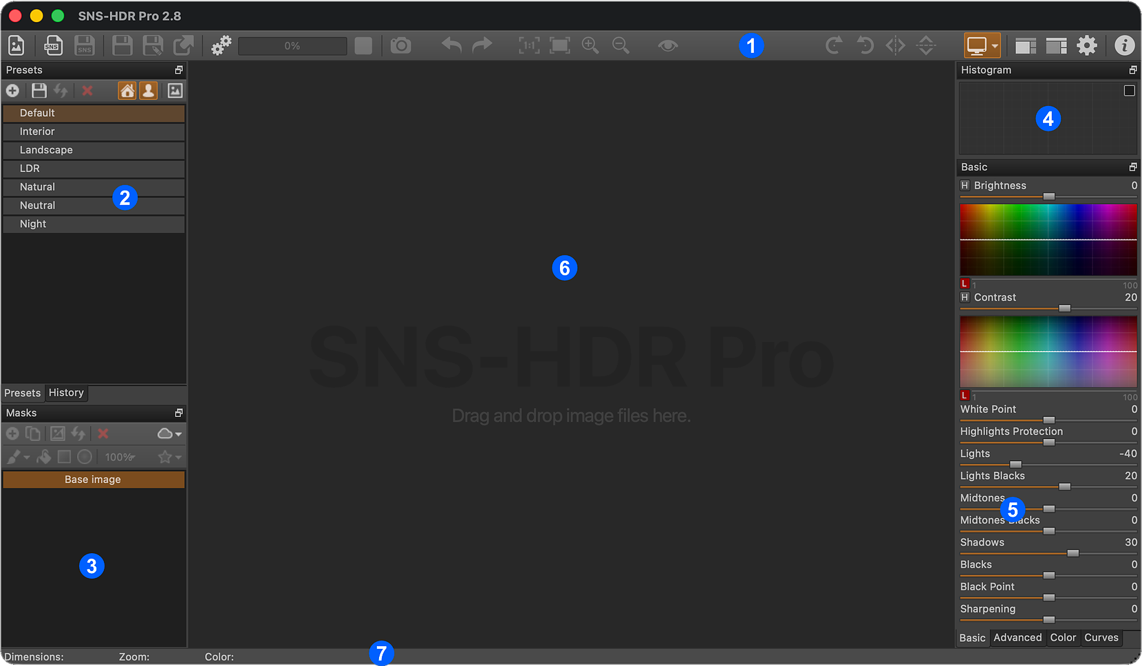 Главное окно SNS-HDR Pro 2.8 с панелями Presets, Masks, Histogram и Basic