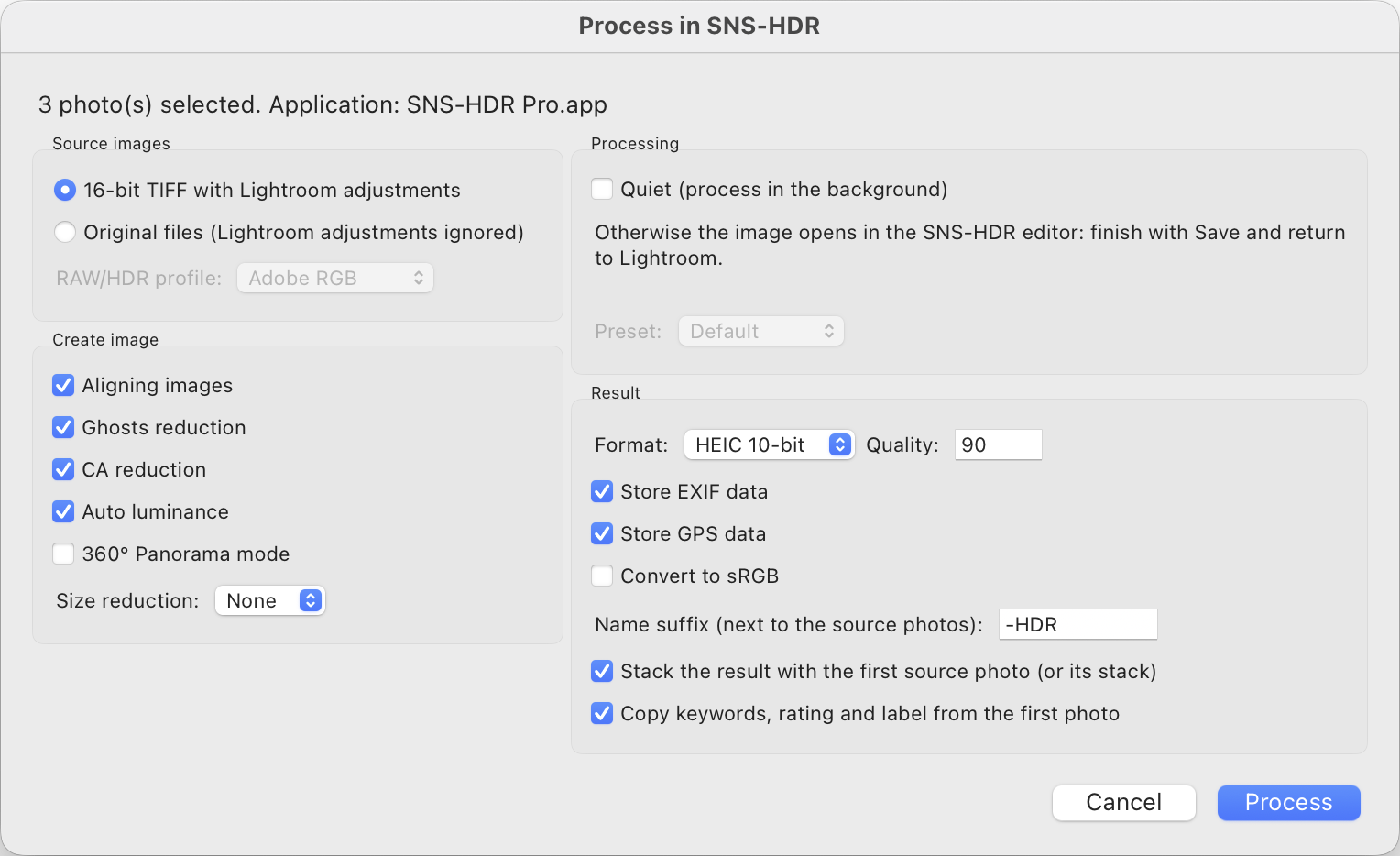Диалог Process in SNS-HDR плагина Lightroom Classic с параметрами источника и результата