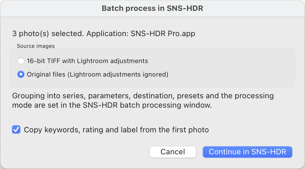 Диалог Batch process in SNS-HDR для передачи серии из Lightroom Classic