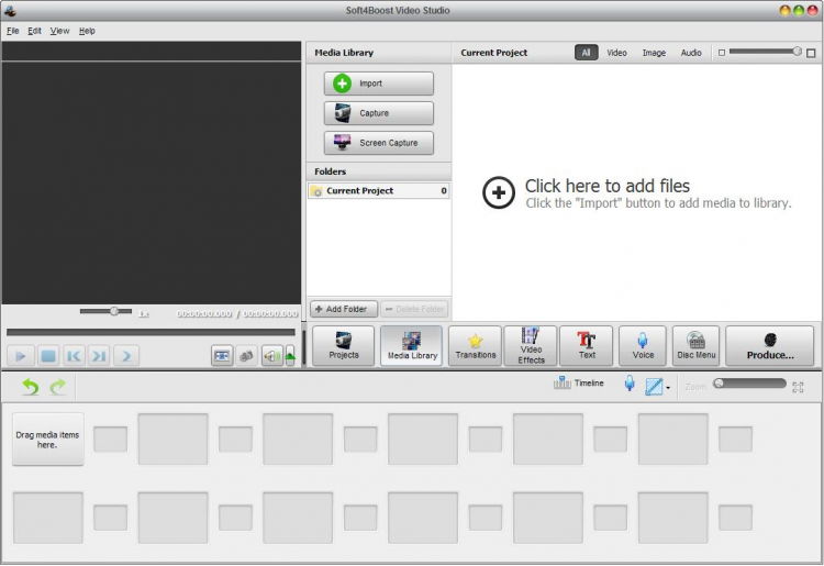 Раздел Media Library Soft4Boost Video Studio с кнопками Import, Capture и Screen Capture и пустой областью Current Project.