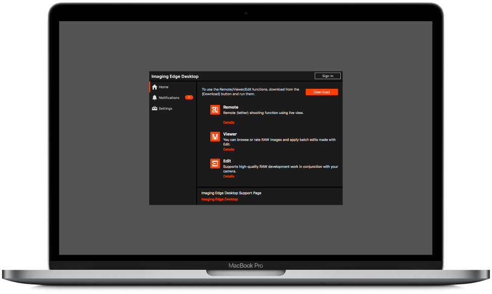 Домашний экран Imaging Edge Desktop с модулями Remote, Viewer и Edit