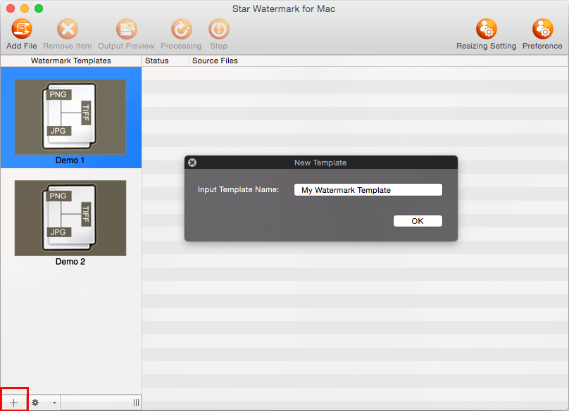 Окно New Template в Star Watermark for Mac с полем имени нового шаблона