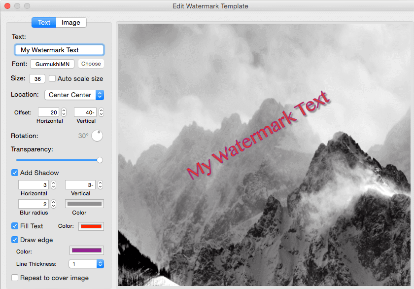 Редактор Edit Watermark Template с параметрами текста, позиции, поворота, прозрачности, тени и обводки