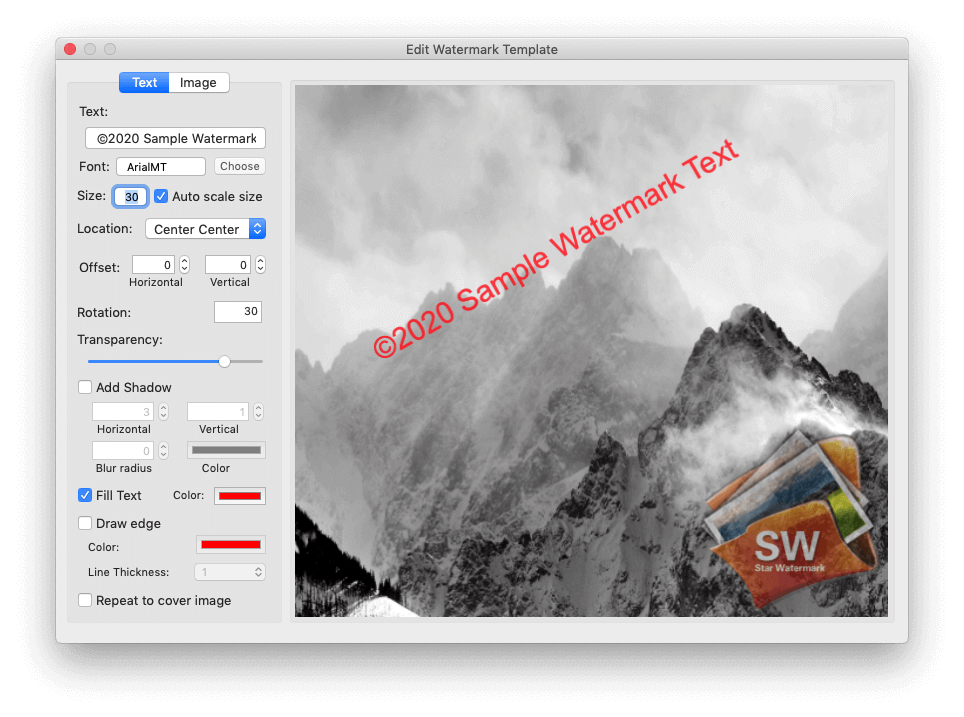 Edit Watermark Template с текстовой подписью и графическим водяным знаком на фотографии