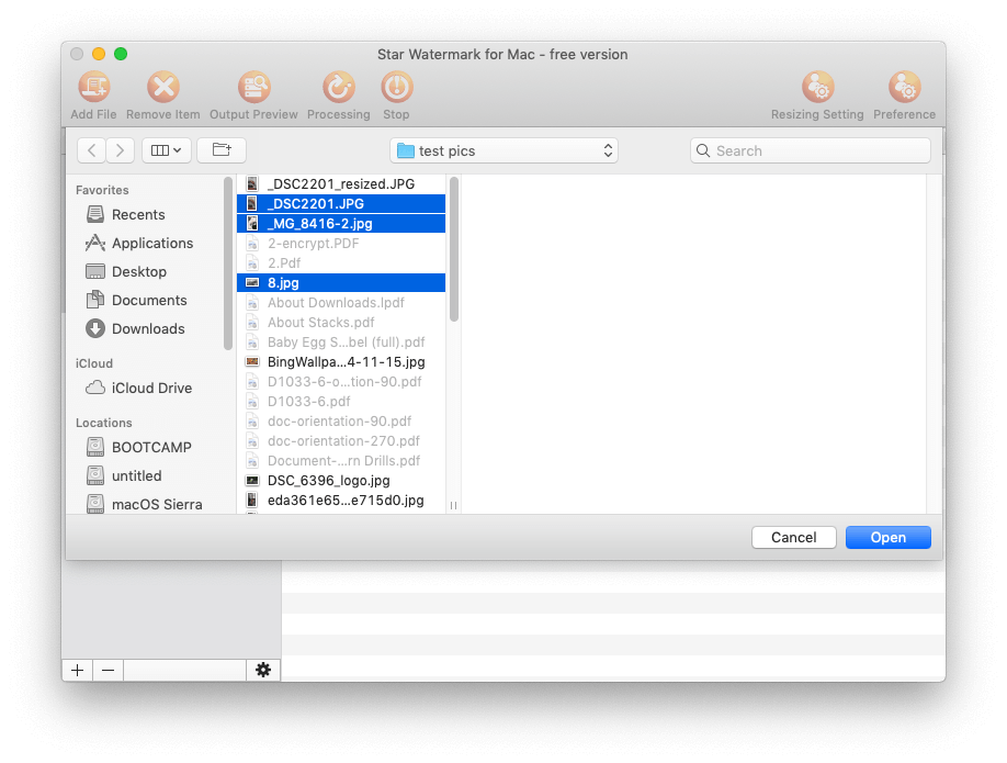Системный диалог выбора нескольких фотографий поверх Star Watermark for Mac