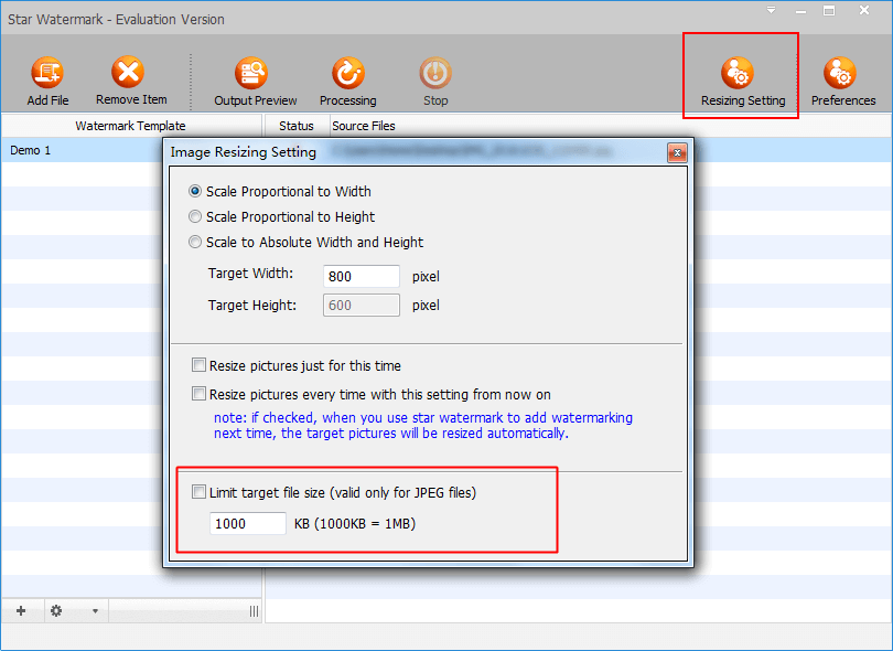 Окно Image Resizing Setting с масштабированием по ширине, высоте и лимитом размера JPEG