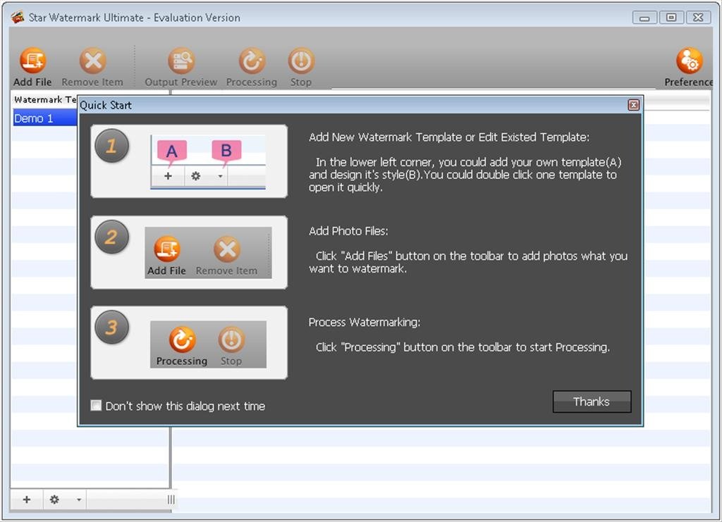 Окно Quick Start старой Windows-версии Star Watermark Ultimate с тремя шагами работы