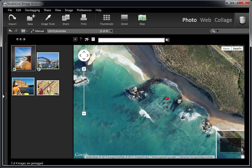 Map View с миниатюрами слева и картой с геопозицией выбранных фотографий