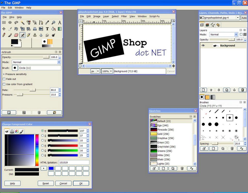 GIMPShop в Windows XP с палитрами, кистями и диалогом выбора цвета