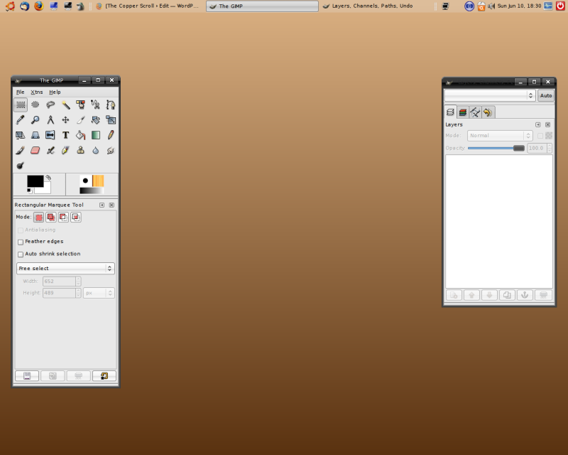 Панели Toolbox и Layers после запуска GIMPShop в Ubuntu