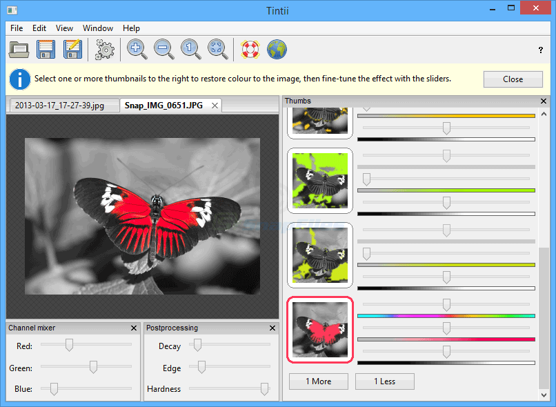 Главное окно Tintii в Windows: изображение бабочки, панель Thumbs, Channel mixer и Postprocessing