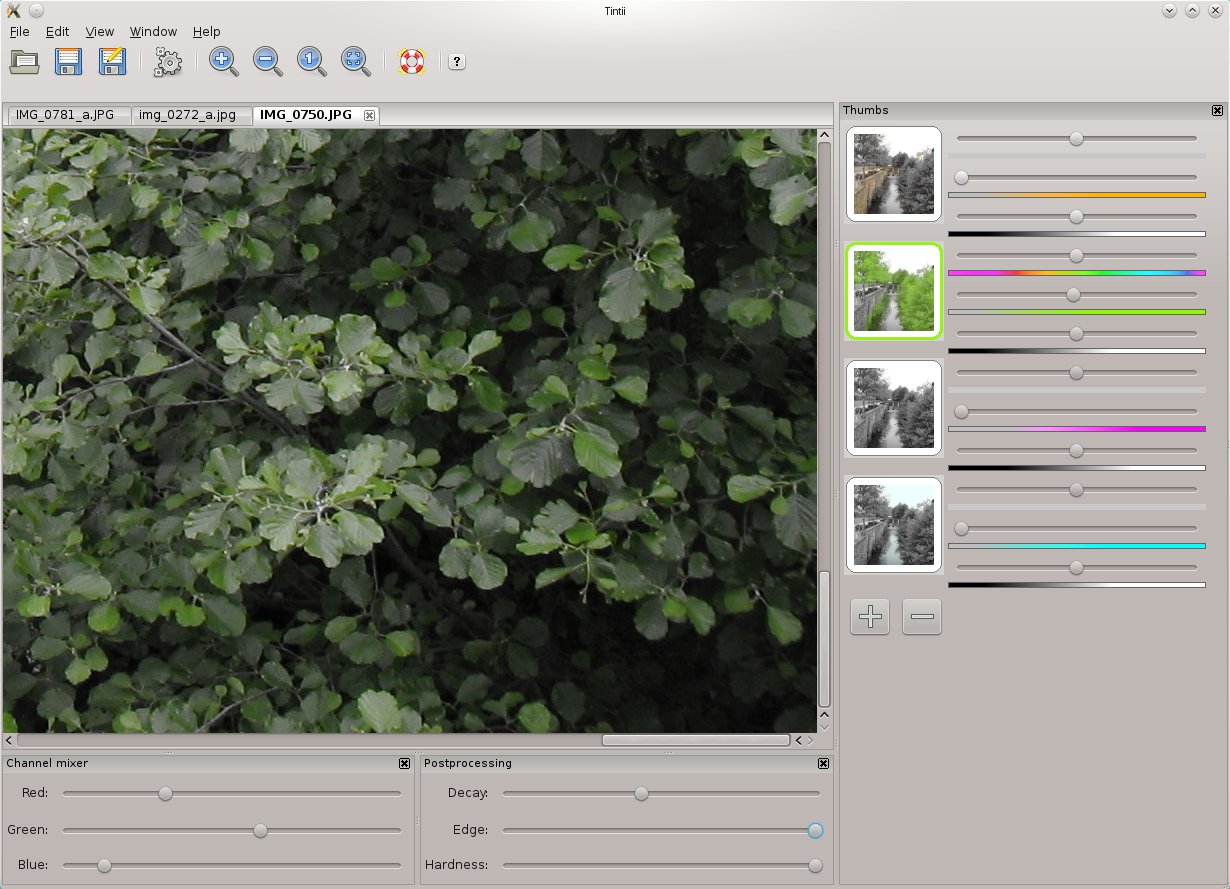 Окно Tintii в Linux с зелёным кластером, панелями Channel mixer и Postprocessing