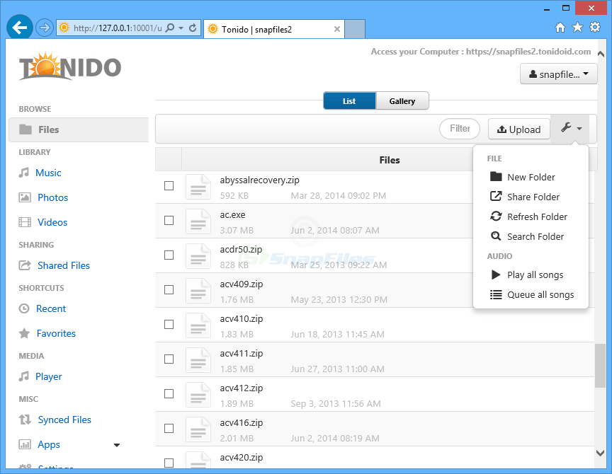 Главная страница Tonido Server с разделами Files, Music, Photos, Videos и Shared Files