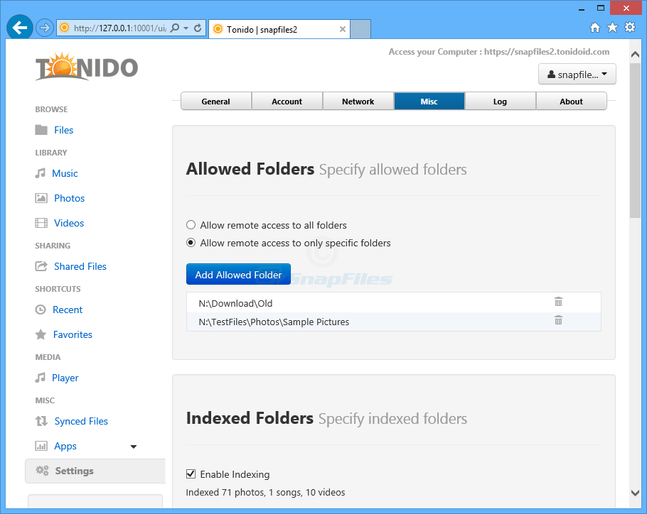 Настройки Tonido с Allowed Folders и списком разрешённых каталогов