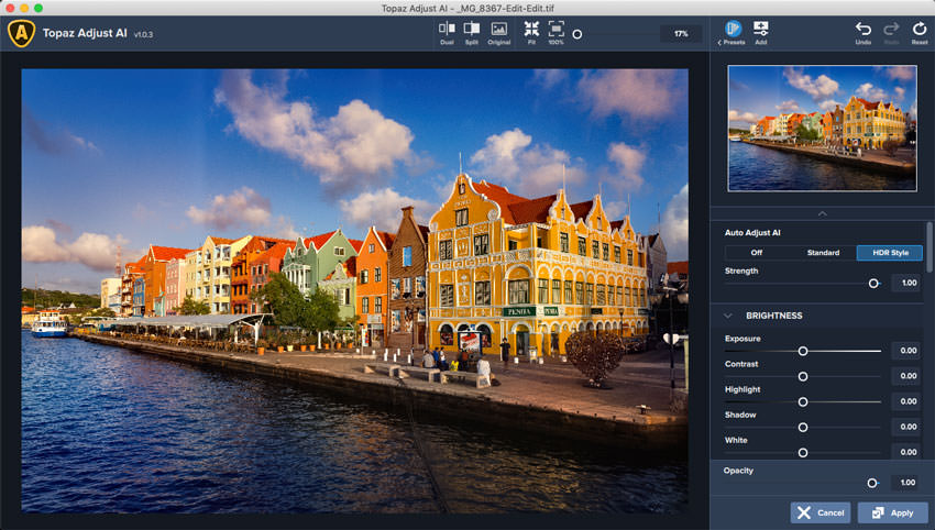 Окно Topaz Adjust AI с панелью Controls, режимом HDR Style и настройками Brightness