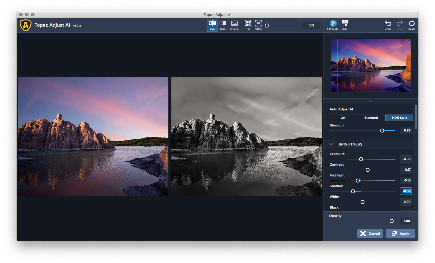 Режим Dual в Topaz Adjust AI: цветной исходник и чёрно-белый обработанный вариант рядом
