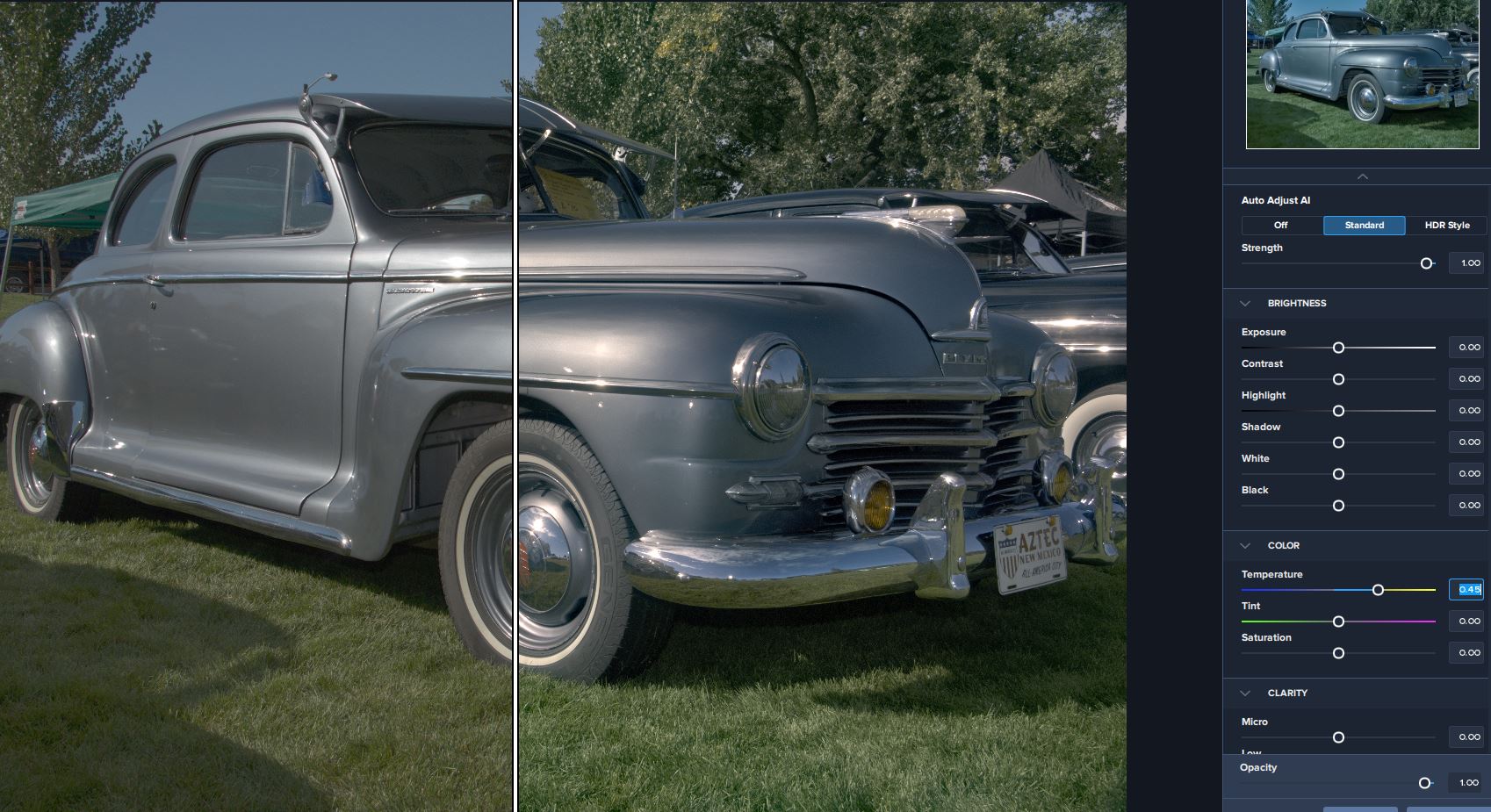 Topaz Adjust AI с режимом Standard и корректировкой Temperature на фотографии автомобиля