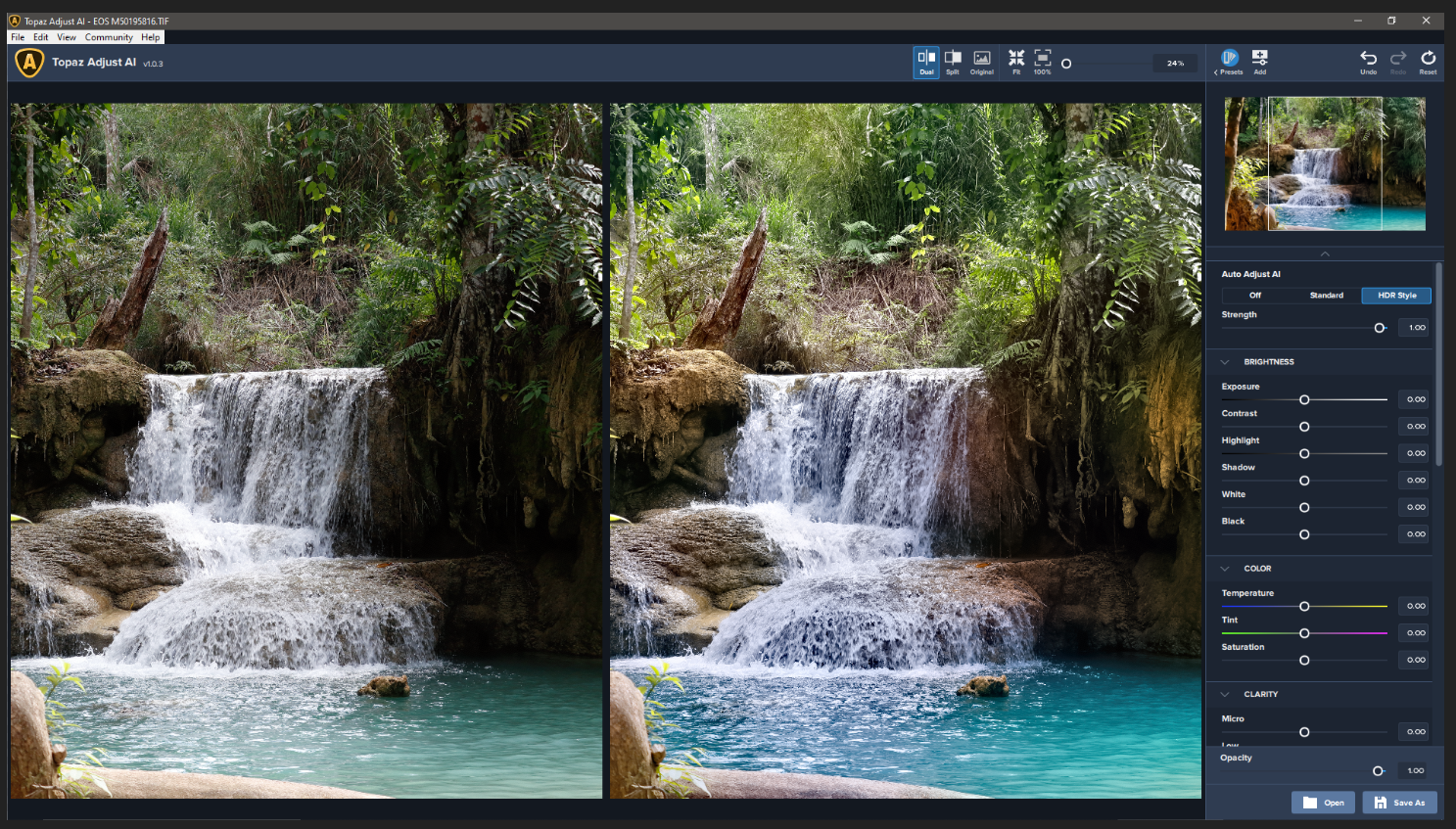 Dual-просмотр водопада в Topaz Adjust AI с усиленным HDR Style и панелью ручных параметров