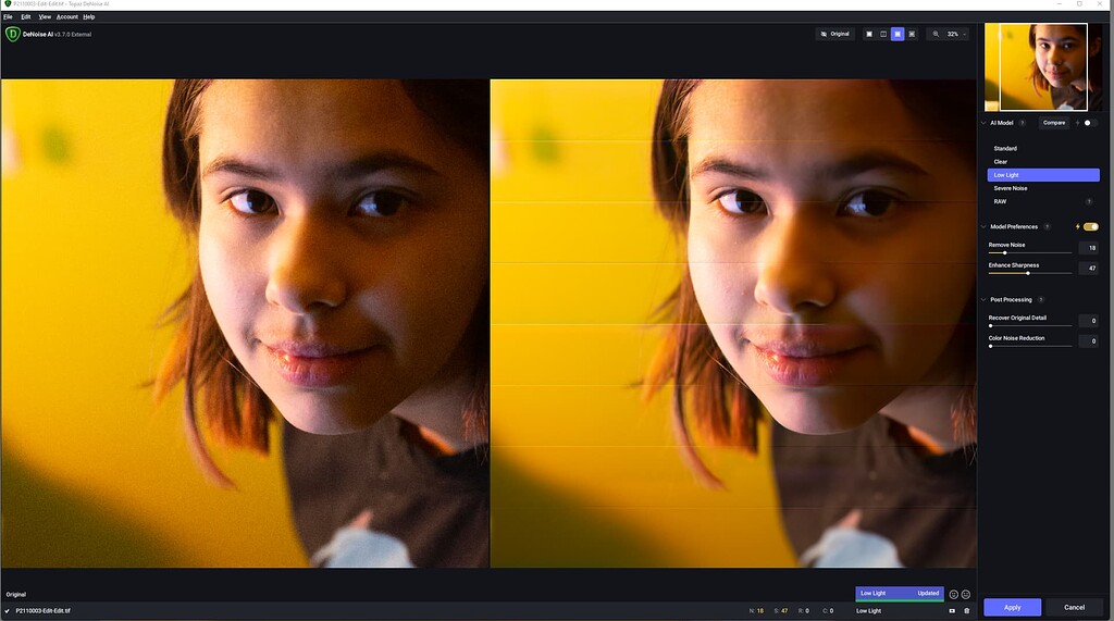 Topaz DeNoise AI 3.7 с Low Light на портрете; в рабочей области видны горизонтальные артефакты.